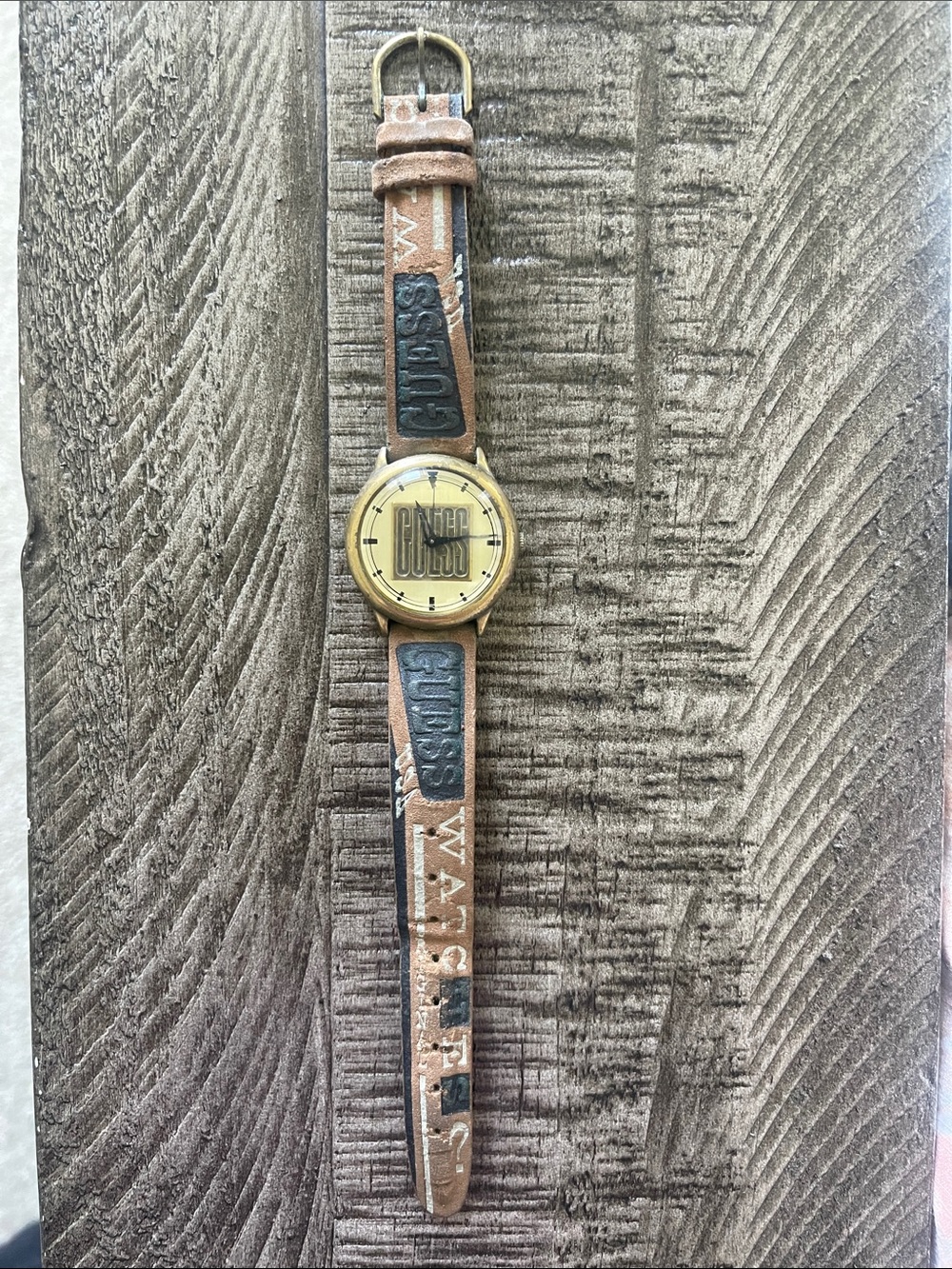 GUESS Vintage Brown Leather Logo Strap Watch with Gold Dial